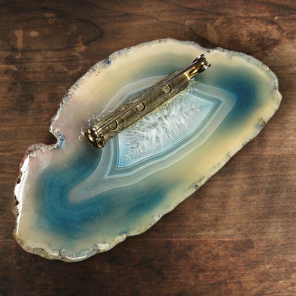 Vintage Blue Agate & Smithsonite Sterling Silver Brooch Artisan Gemstone Pin - Picture 3 of 4